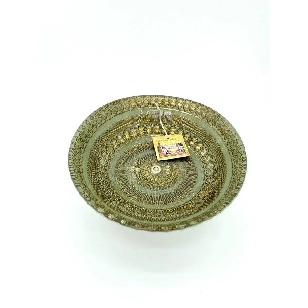 Turkish Delights Glass Oval Bowl Serving Salad Dinner Green Gold Handmade NWT